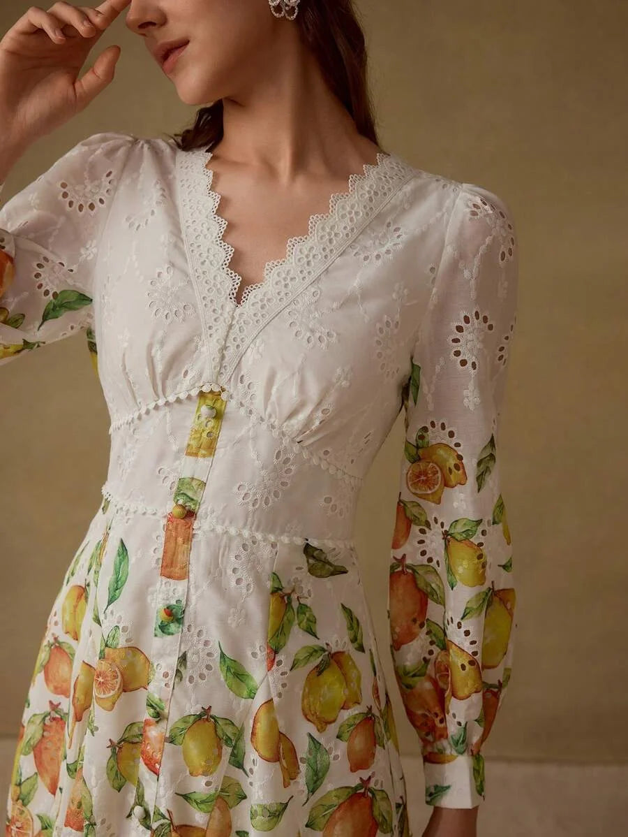 PREMIUM FRUIT PRINT EYELET EMBROIDERY DRESS