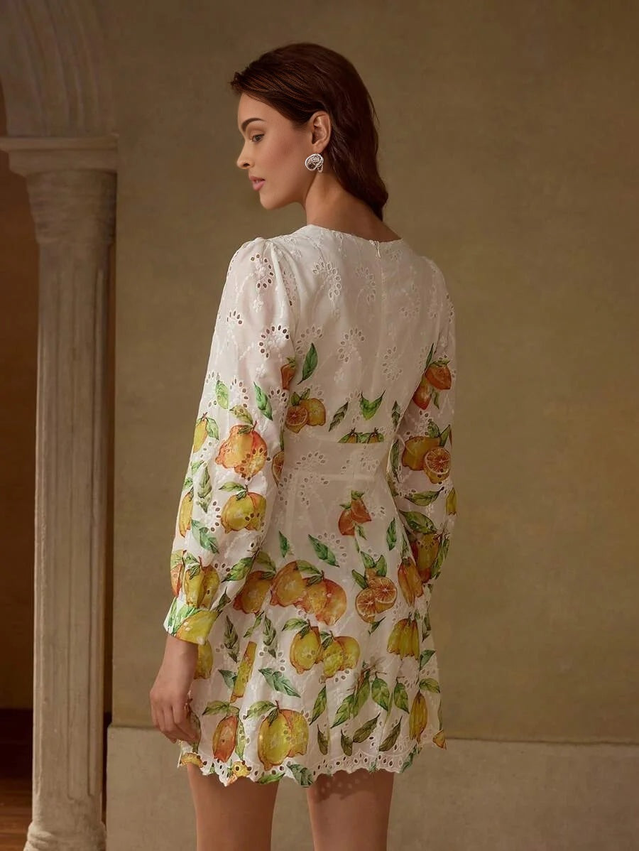 PREMIUM FRUIT PRINT EYELET EMBROIDERY DRESS
