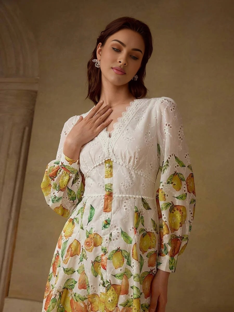 PREMIUM FRUIT PRINT EYELET EMBROIDERY DRESS
