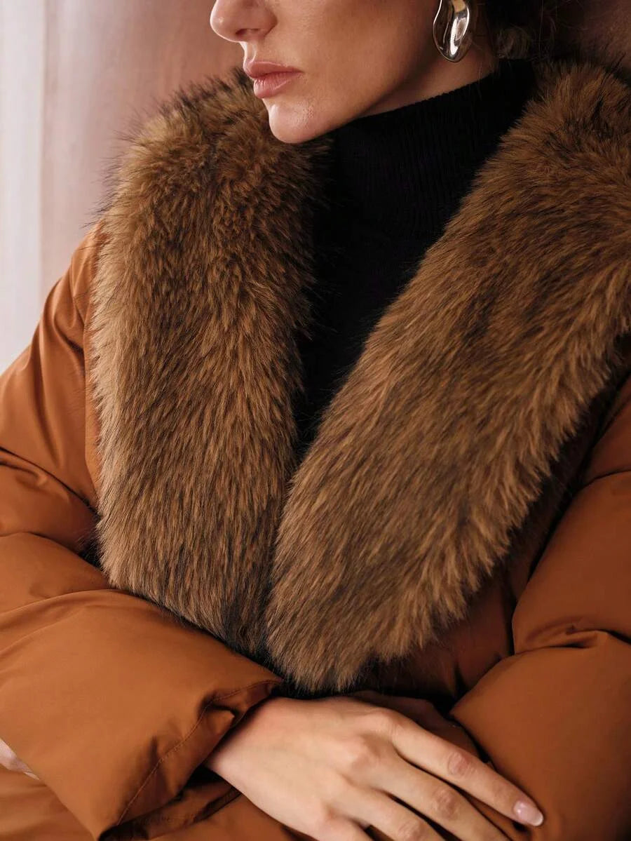 PREMIUM FUR COLLAR PATCHWORK LONG SLEEVE TIE WAIST ELEGANT PADDED COAT AUTUMNWINTER