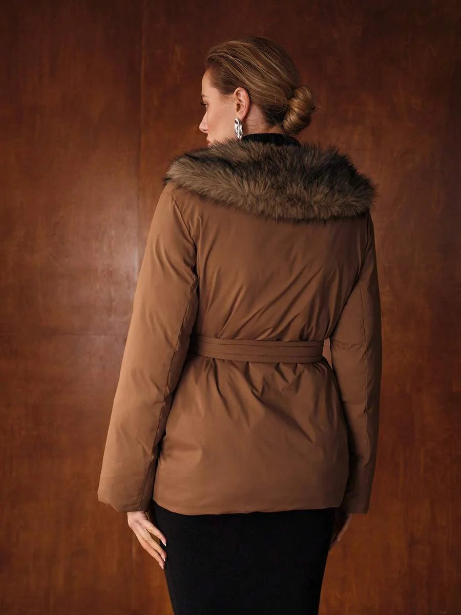 PREMIUM FUR COLLAR PATCHWORK LONG SLEEVE TIE WAIST ELEGANT PADDED COAT AUTUMNWINTER