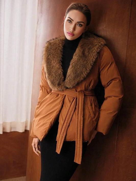PREMIUM FUR COLLAR PATCHWORK LONG SLEEVE TIE WAIST ELEGANT PADDED COAT AUTUMNWINTER