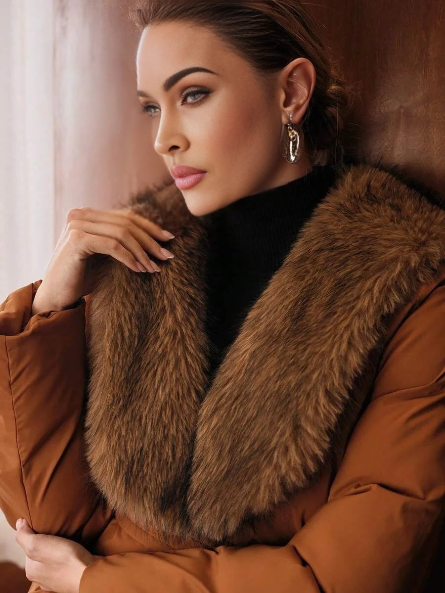 PREMIUM FUR COLLAR PATCHWORK LONG SLEEVE TIE WAIST ELEGANT PADDED COAT AUTUMNWINTER