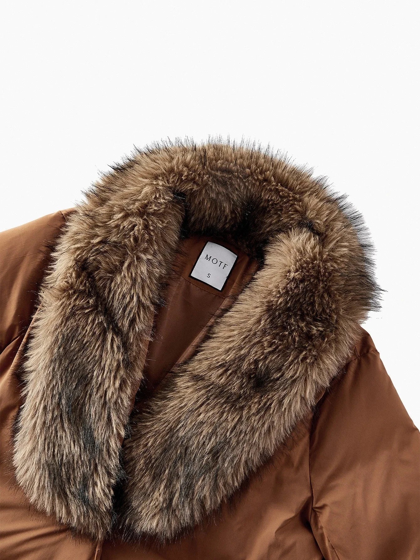 PREMIUM FUR COLLAR PATCHWORK LONG SLEEVE TIE WAIST ELEGANT PADDED COAT AUTUMNWINTER