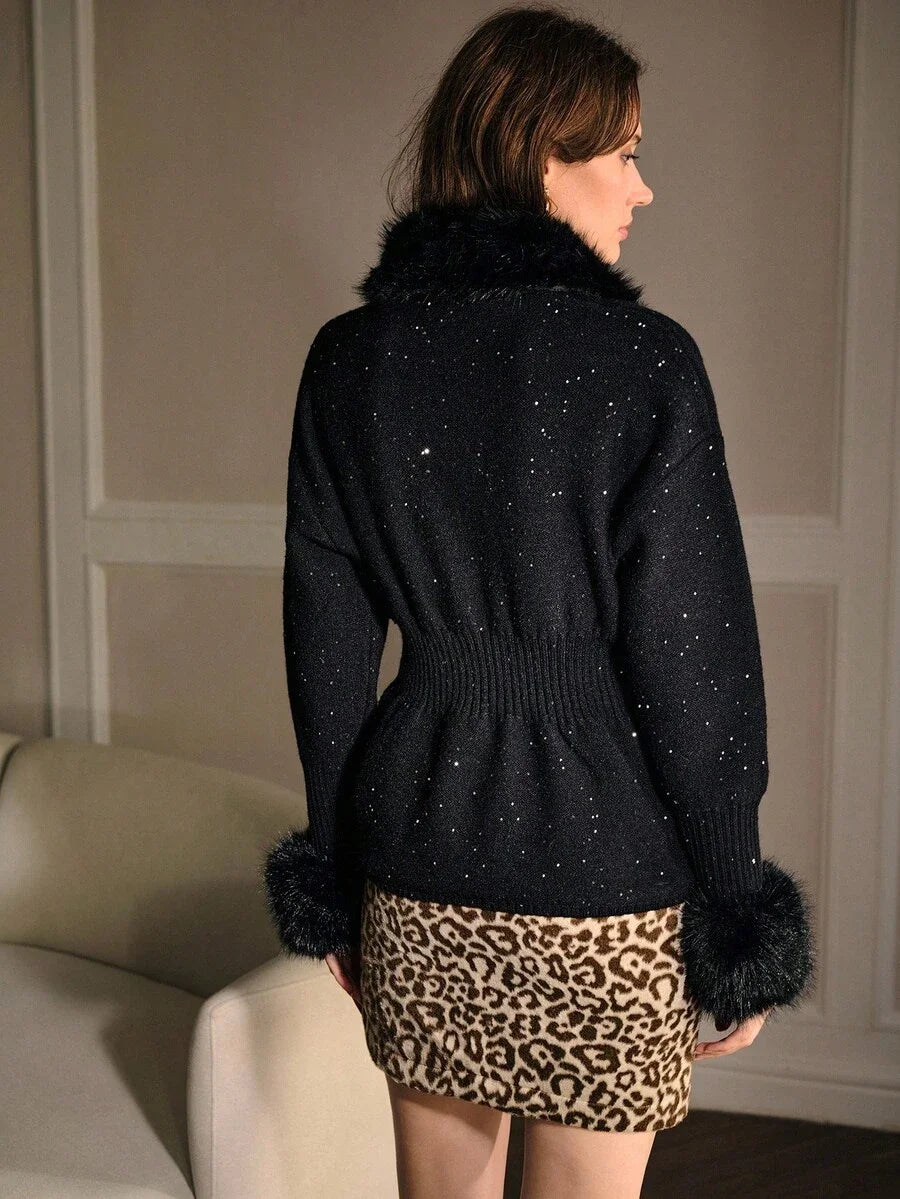 PREMIUM FURRY TRIM CONTRAST SEQUIN CARDIGAN FOR AUTUMN amp WINTER