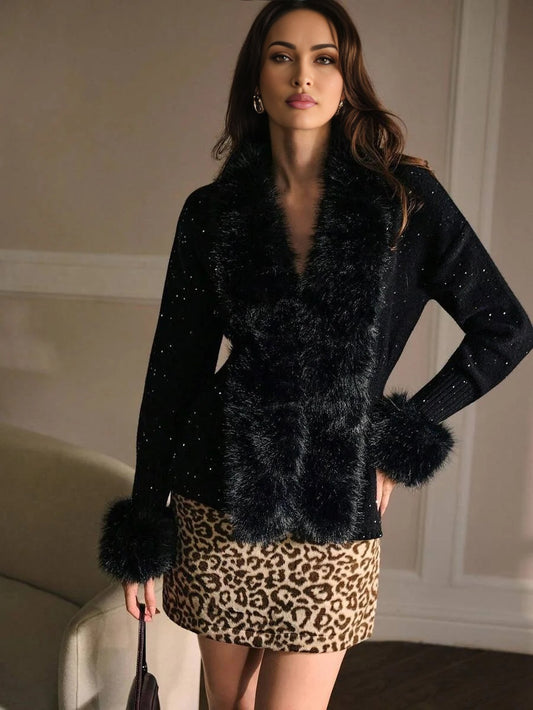 PREMIUM FURRY TRIM CONTRAST SEQUIN CARDIGAN FOR AUTUMN amp WINTER