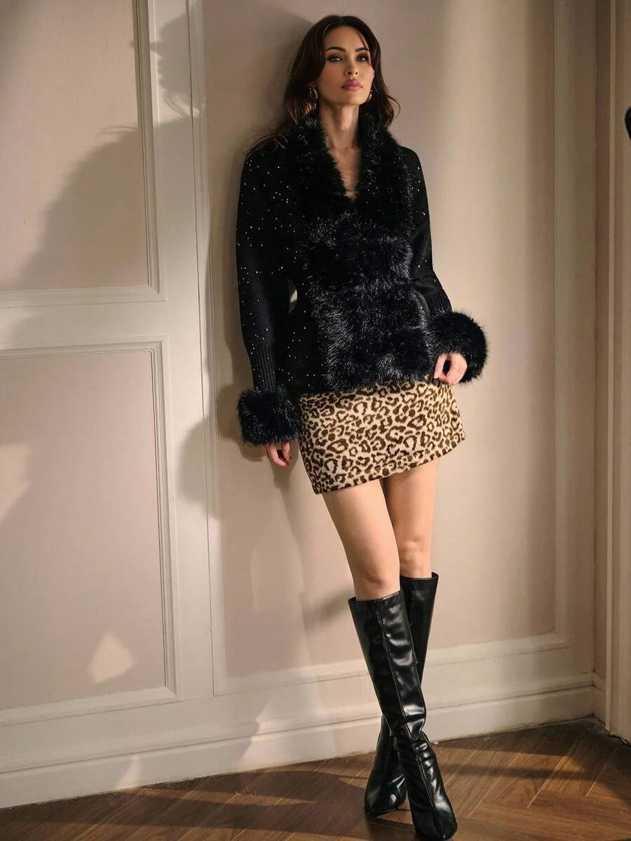 PREMIUM FURRY TRIM CONTRAST SEQUIN CARDIGAN FOR AUTUMN amp WINTER