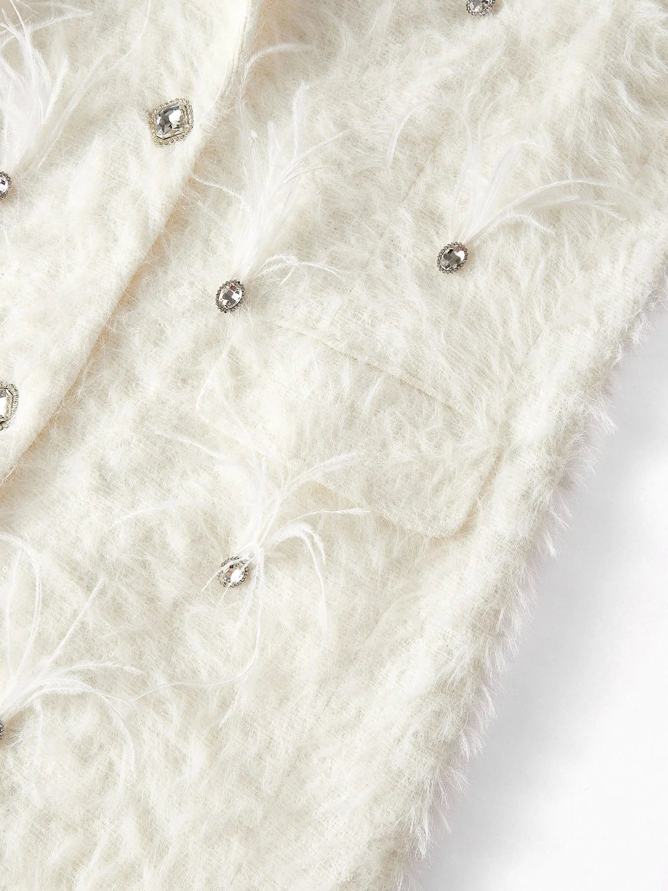 PREMIUM FUZZY LAPEL COLLAR DOUBLE BREASTED PLACKET RHINESTONE DETAIL OVERCOAT