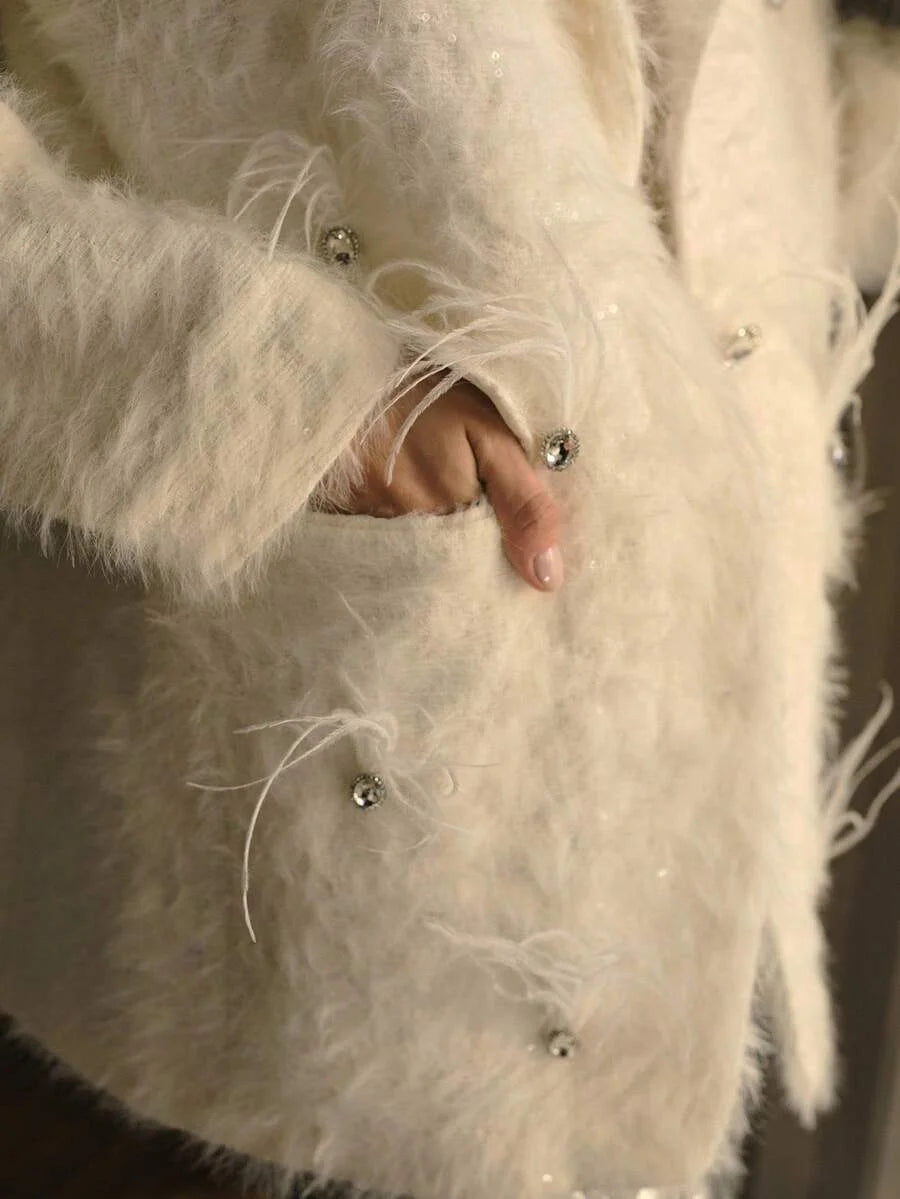 PREMIUM FUZZY LAPEL COLLAR DOUBLE BREASTED PLACKET RHINESTONE DETAIL OVERCOAT