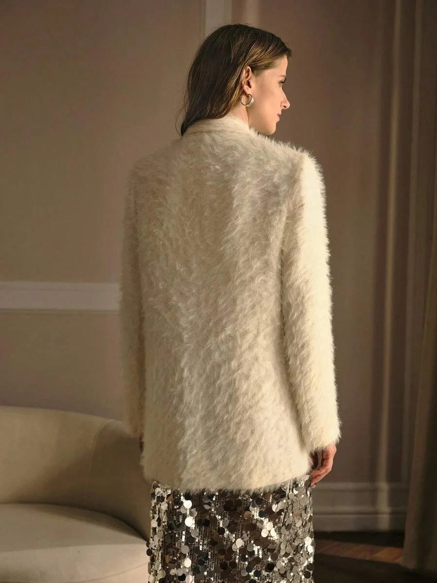 PREMIUM FUZZY LAPEL COLLAR DOUBLE BREASTED PLACKET RHINESTONE DETAIL OVERCOAT