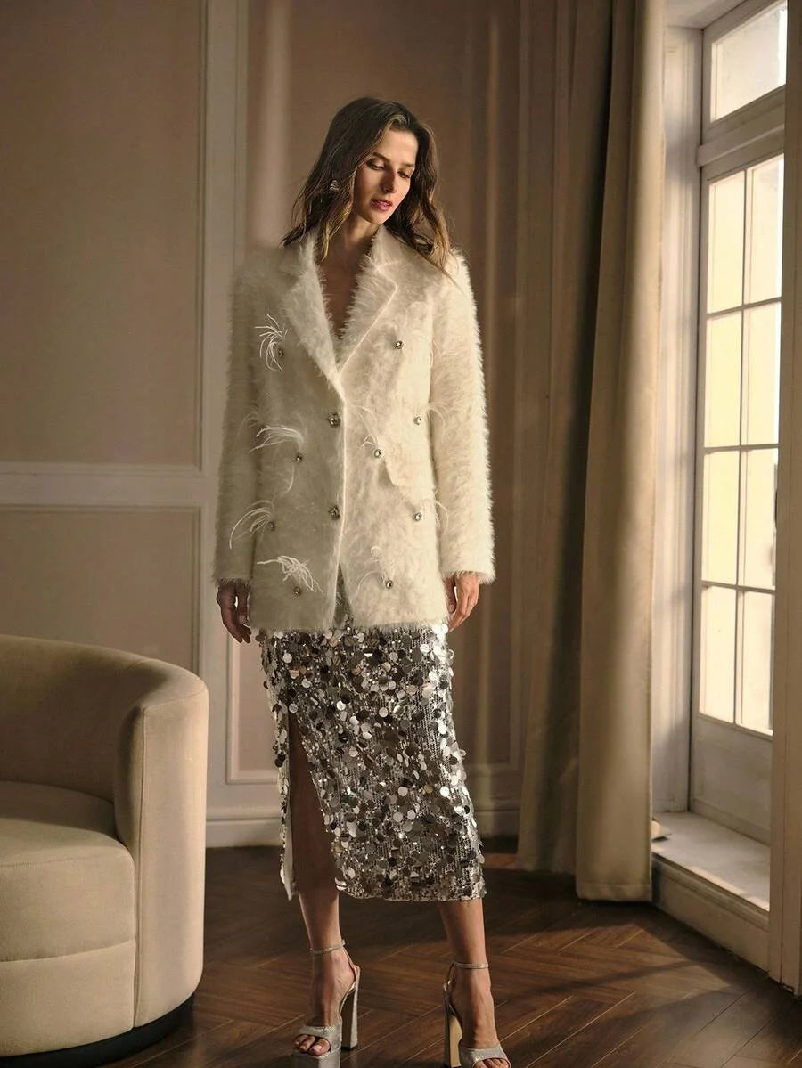 PREMIUM FUZZY LAPEL COLLAR DOUBLE BREASTED PLACKET RHINESTONE DETAIL OVERCOAT