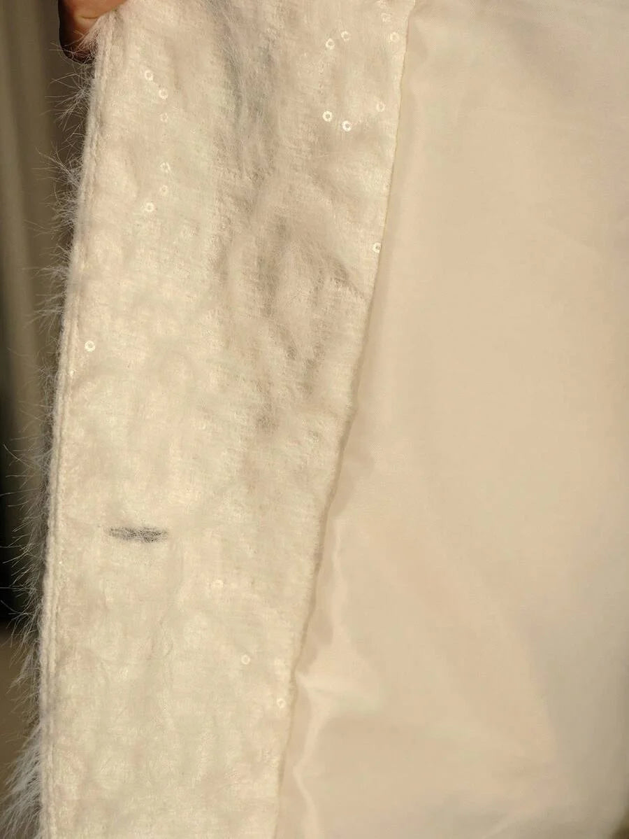 PREMIUM FUZZY LAPEL COLLAR DOUBLE BREASTED PLACKET RHINESTONE DETAIL OVERCOAT