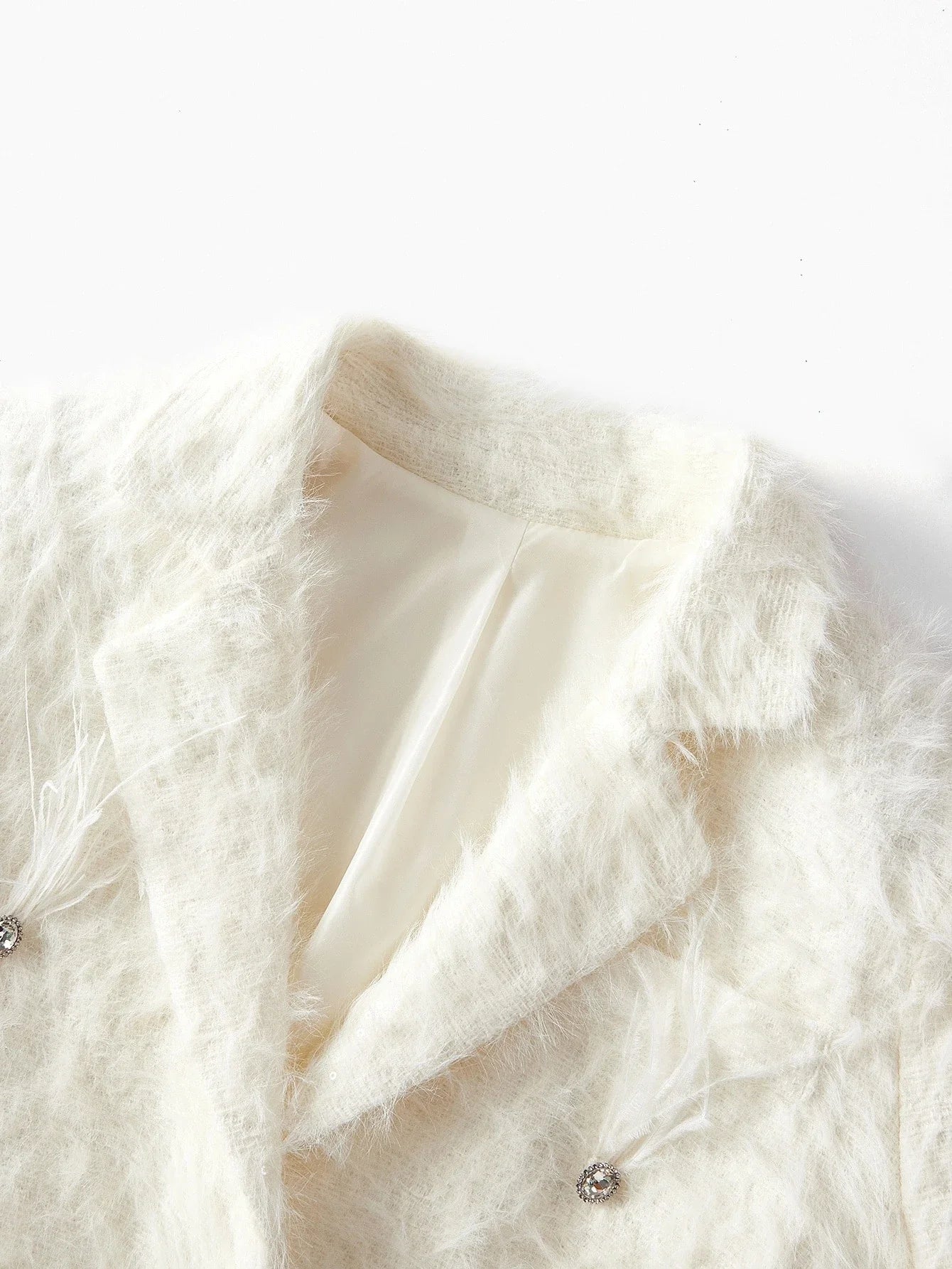 PREMIUM FUZZY LAPEL COLLAR DOUBLE BREASTED PLACKET RHINESTONE DETAIL OVERCOAT