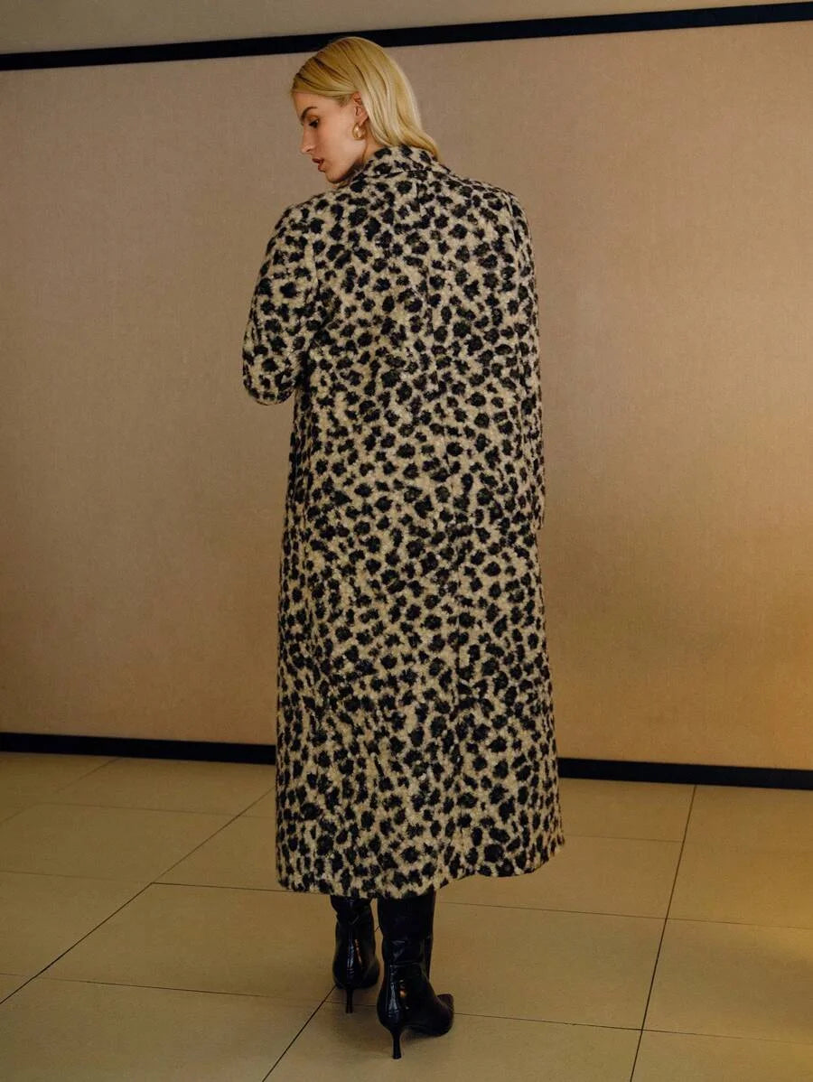 PREMIUM FUZZY LEOPARD PATTERN LAPEL COLLAR DOUBLE BREASTED PLACKET OVERCOAT
