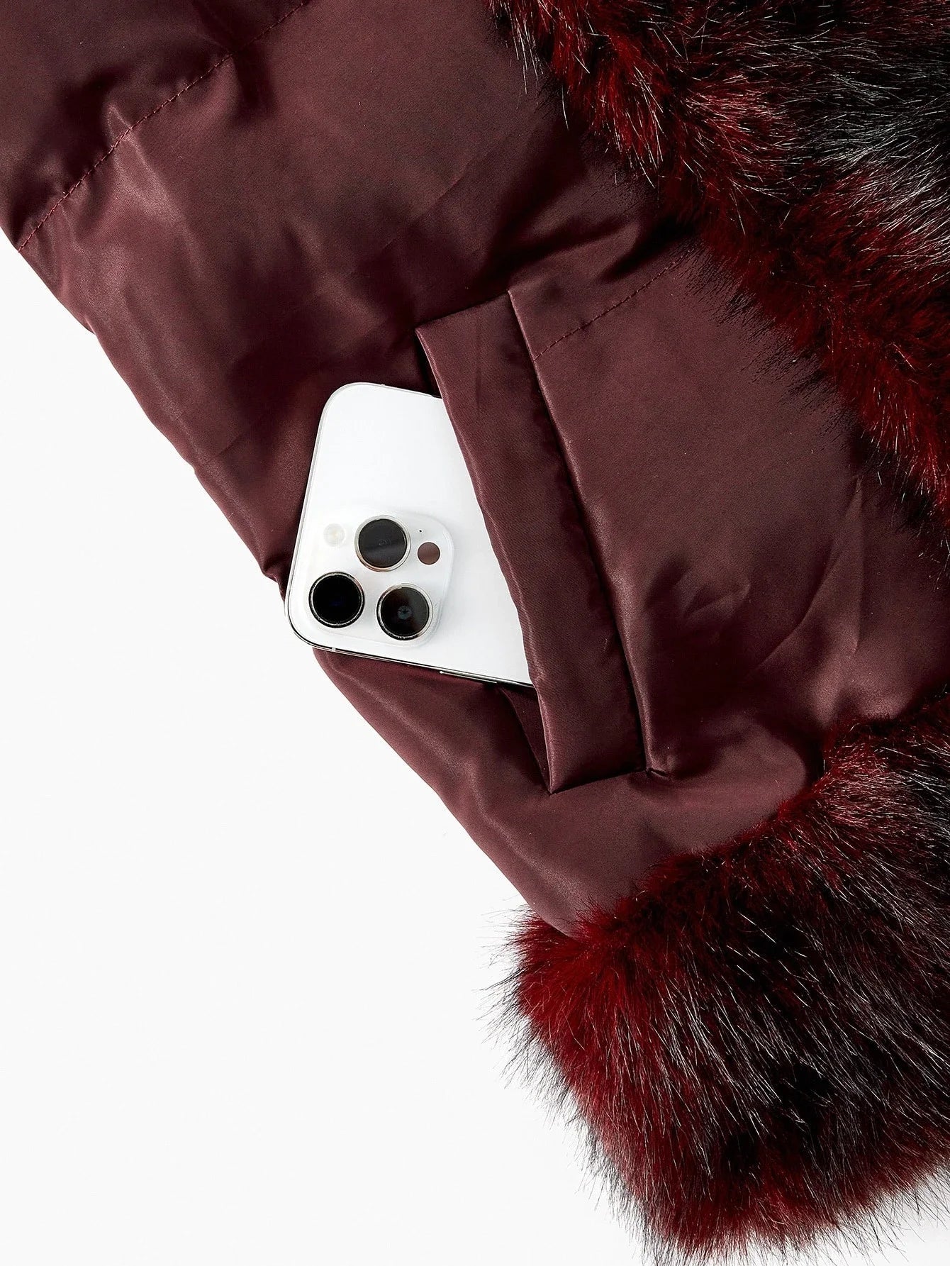 PREMIUM FUZZY PANEL SLANT POCKET BELTED WINTER COAT