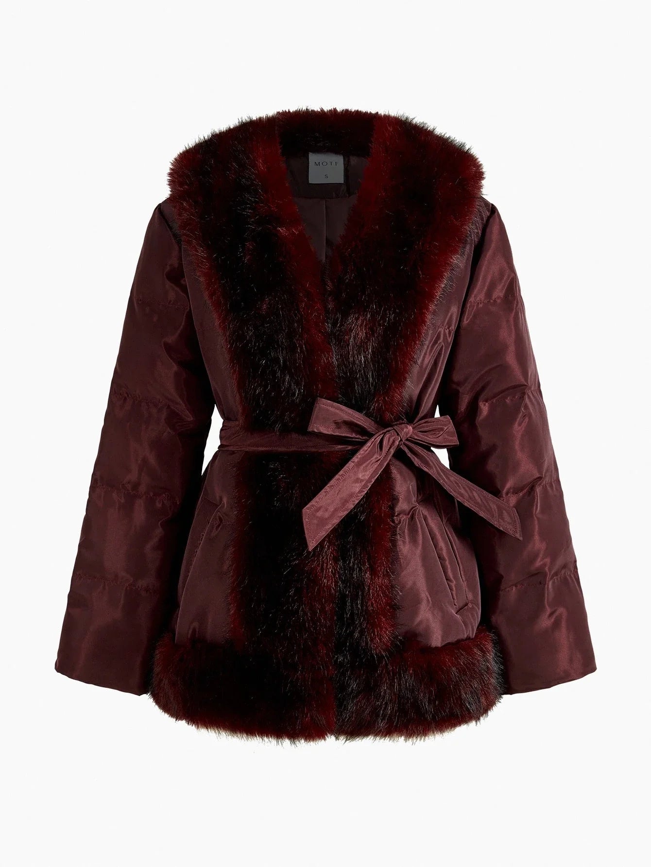 PREMIUM FUZZY PANEL SLANT POCKET BELTED WINTER COAT
