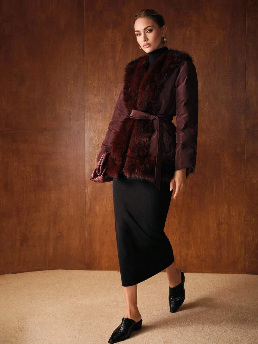 PREMIUM FUZZY PANEL SLANT POCKET BELTED WINTER COAT