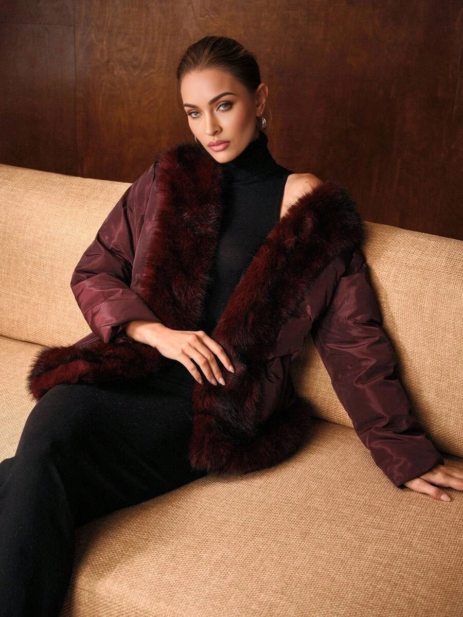 PREMIUM FUZZY PANEL SLANT POCKET BELTED WINTER COAT