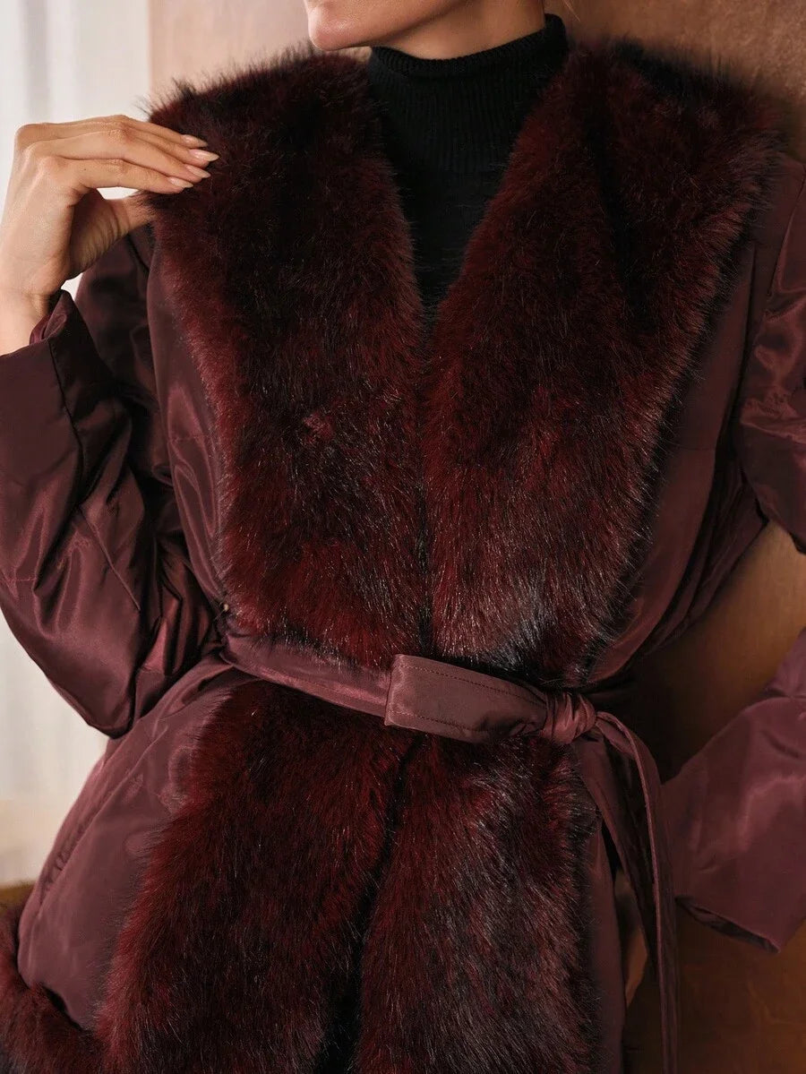 PREMIUM FUZZY PANEL SLANT POCKET BELTED WINTER COAT