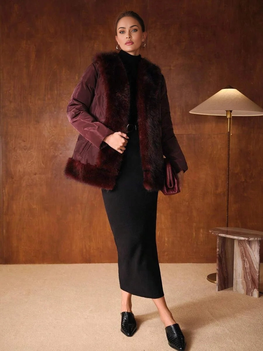 PREMIUM FUZZY PANEL SLANT POCKET BELTED WINTER COAT