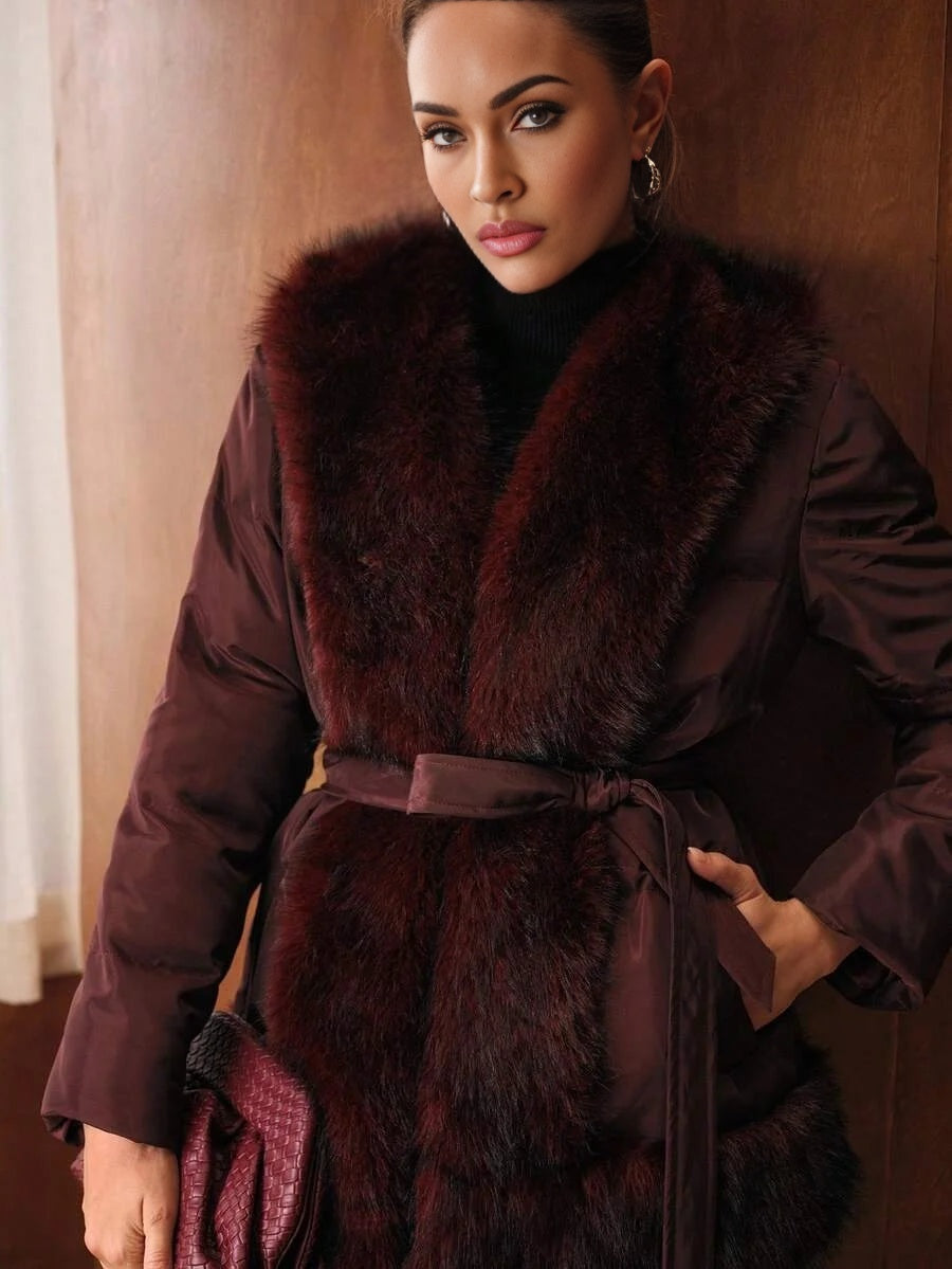 PREMIUM FUZZY PANEL SLANT POCKET BELTED WINTER COAT