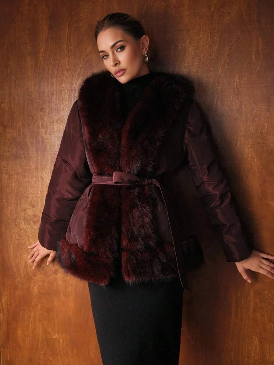 PREMIUM FUZZY PANEL SLANT POCKET BELTED WINTER COAT