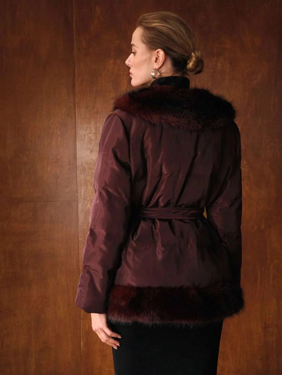 PREMIUM FUZZY PANEL SLANT POCKET BELTED WINTER COAT