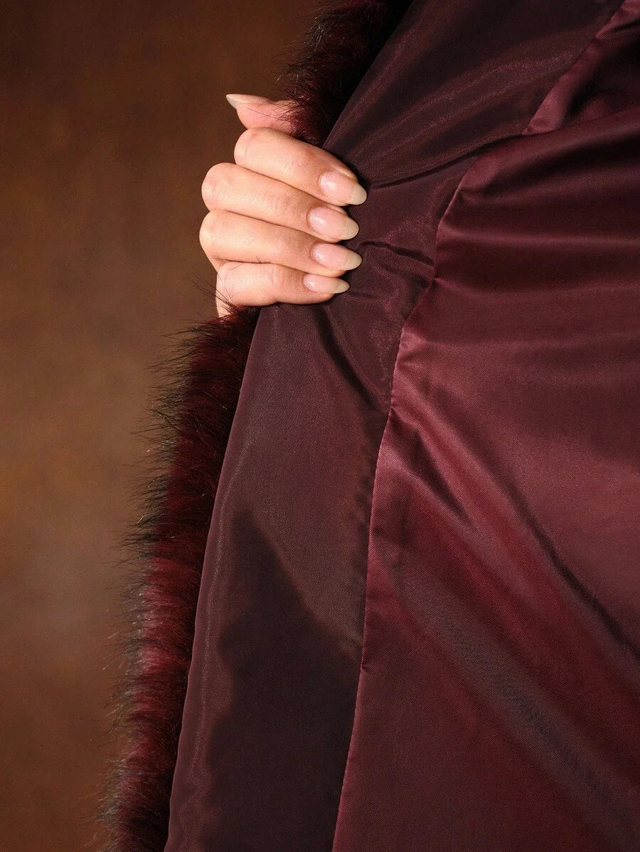 PREMIUM FUZZY PANEL SLANT POCKET BELTED WINTER COAT