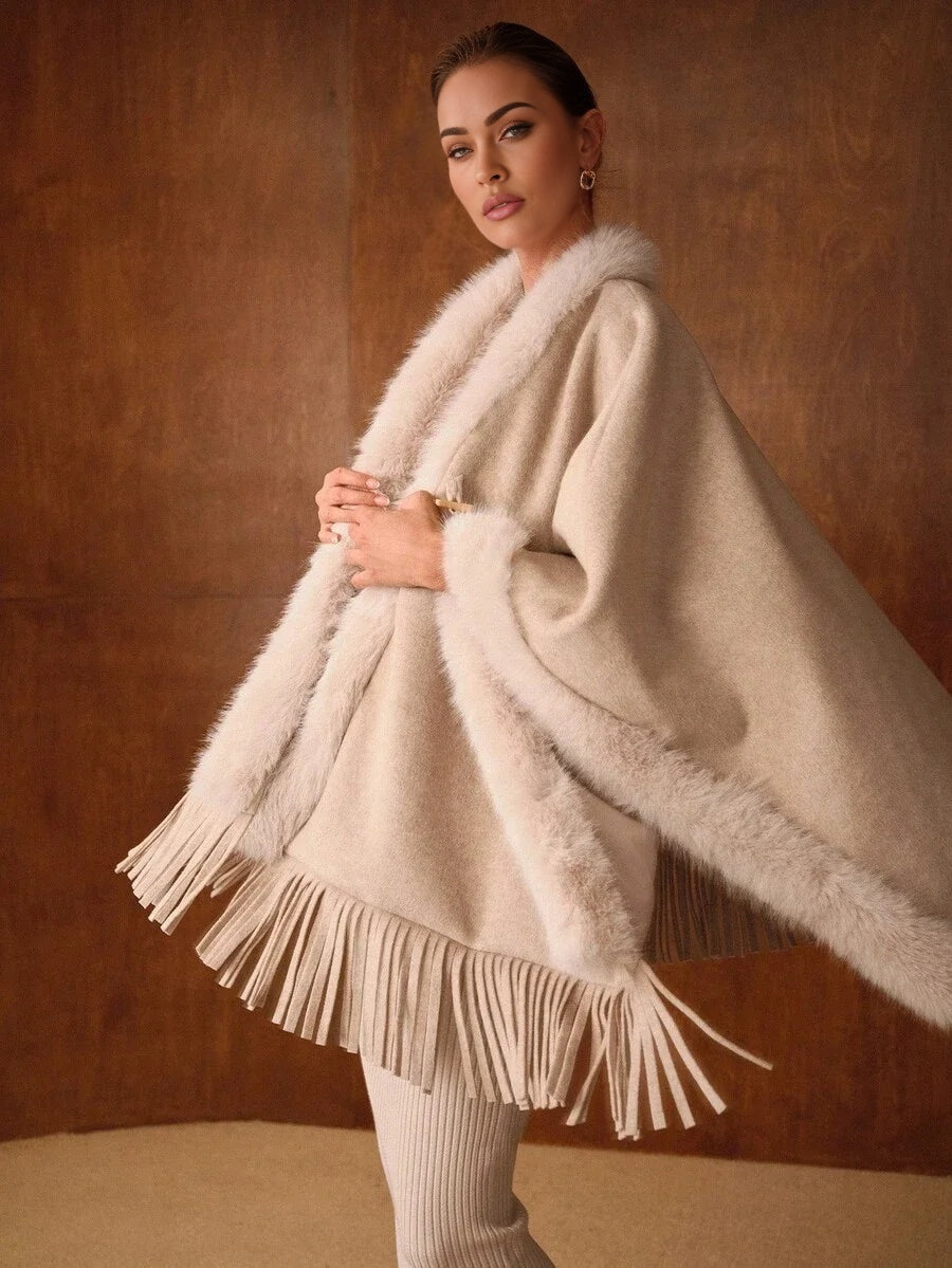 PREMIUM FUZZY TRIM DECORATED BUTTON ELEGANT AND SOPHISTICATED FAUX FUR CLOAK