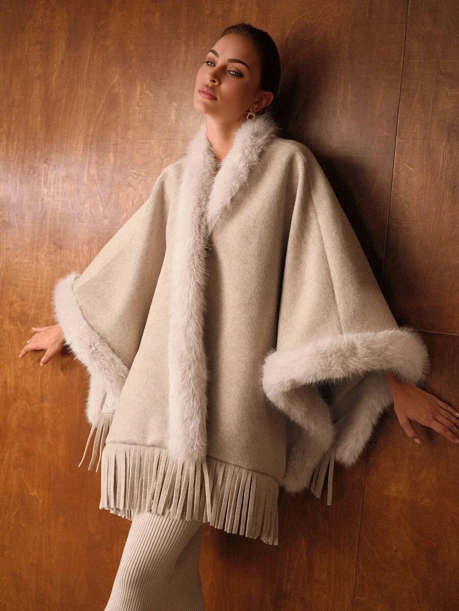 PREMIUM FUZZY TRIM DECORATED BUTTON ELEGANT AND SOPHISTICATED FAUX FUR CLOAK