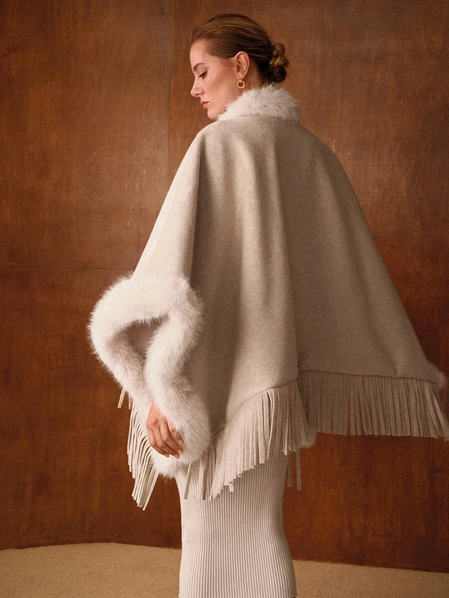 PREMIUM FUZZY TRIM DECORATED BUTTON ELEGANT AND SOPHISTICATED FAUX FUR CLOAK