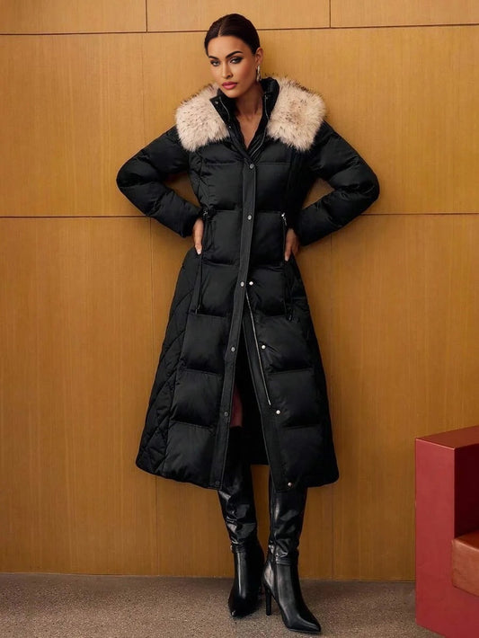 PREMIUM FUZZY TRIM SLANT POCKET ZIP PLACKET LONGLINE WINTER COAT