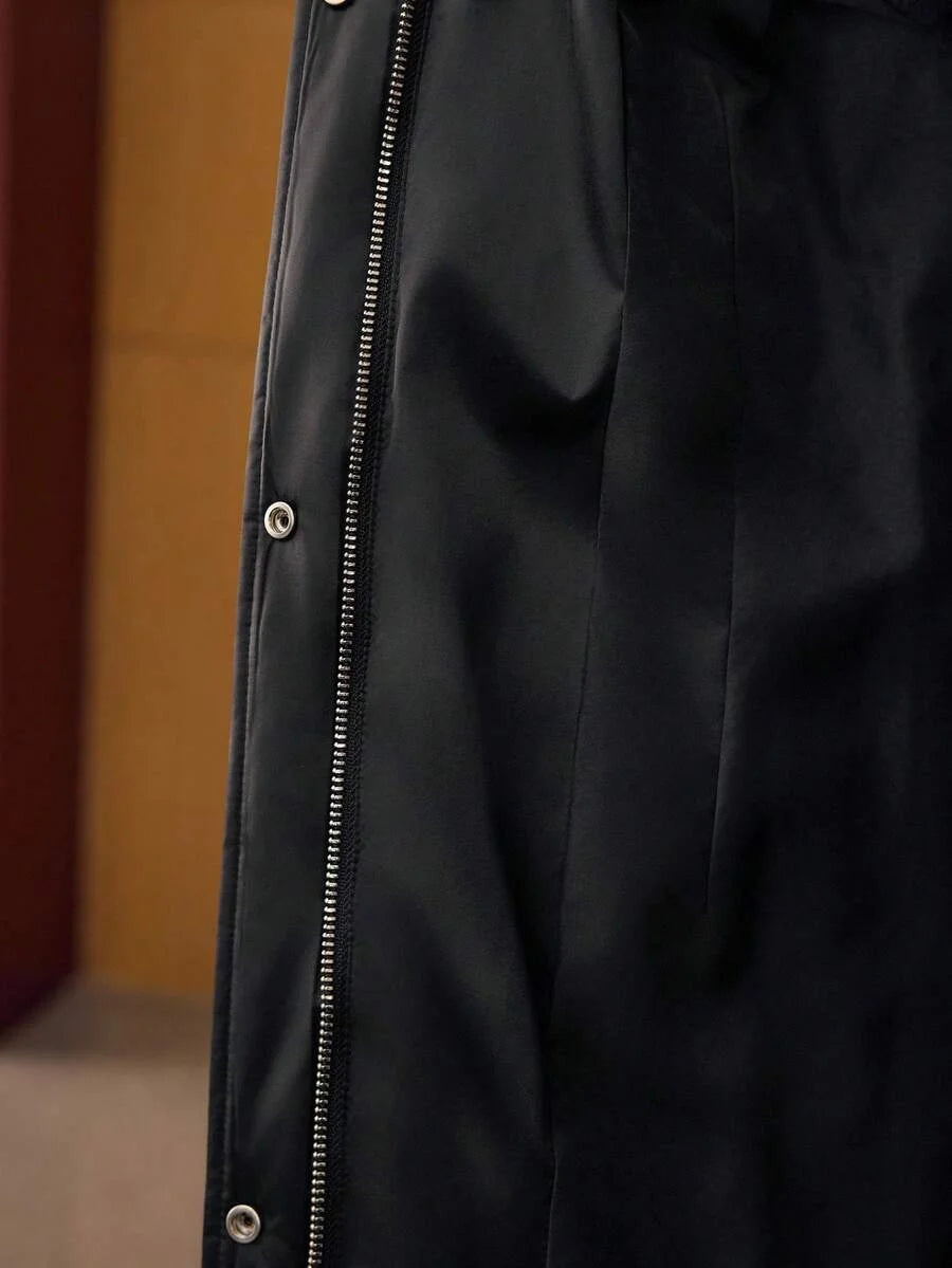 PREMIUM FUZZY TRIM SLANT POCKET ZIP PLACKET LONGLINE WINTER COAT