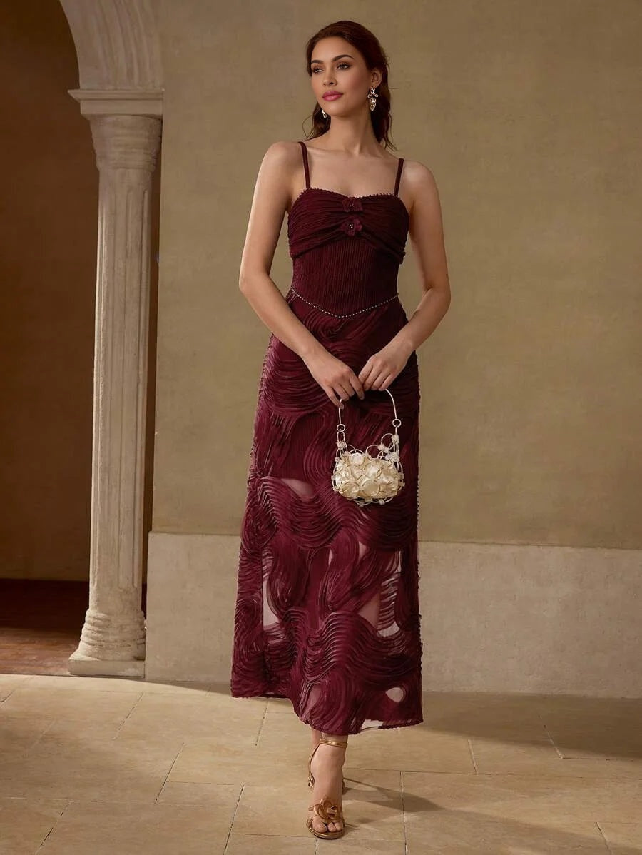 PREMIUM GATHERED CONTRAST MESH CAMI DRESS