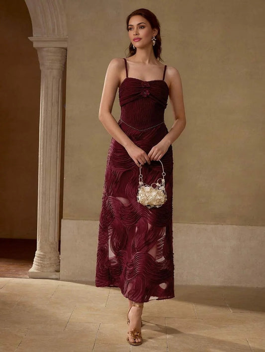 PREMIUM GATHERED CONTRAST MESH CAMI DRESS