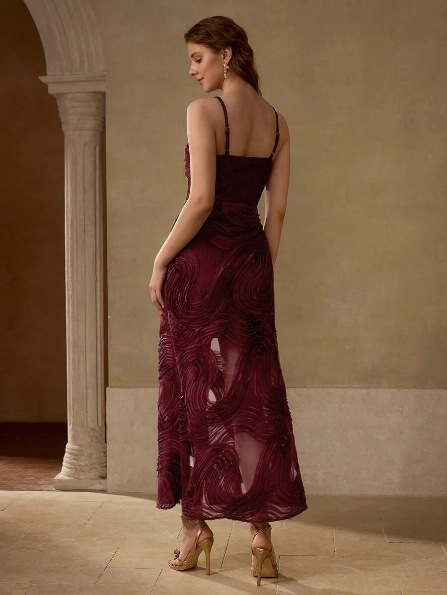 PREMIUM GATHERED CONTRAST MESH CAMI DRESS