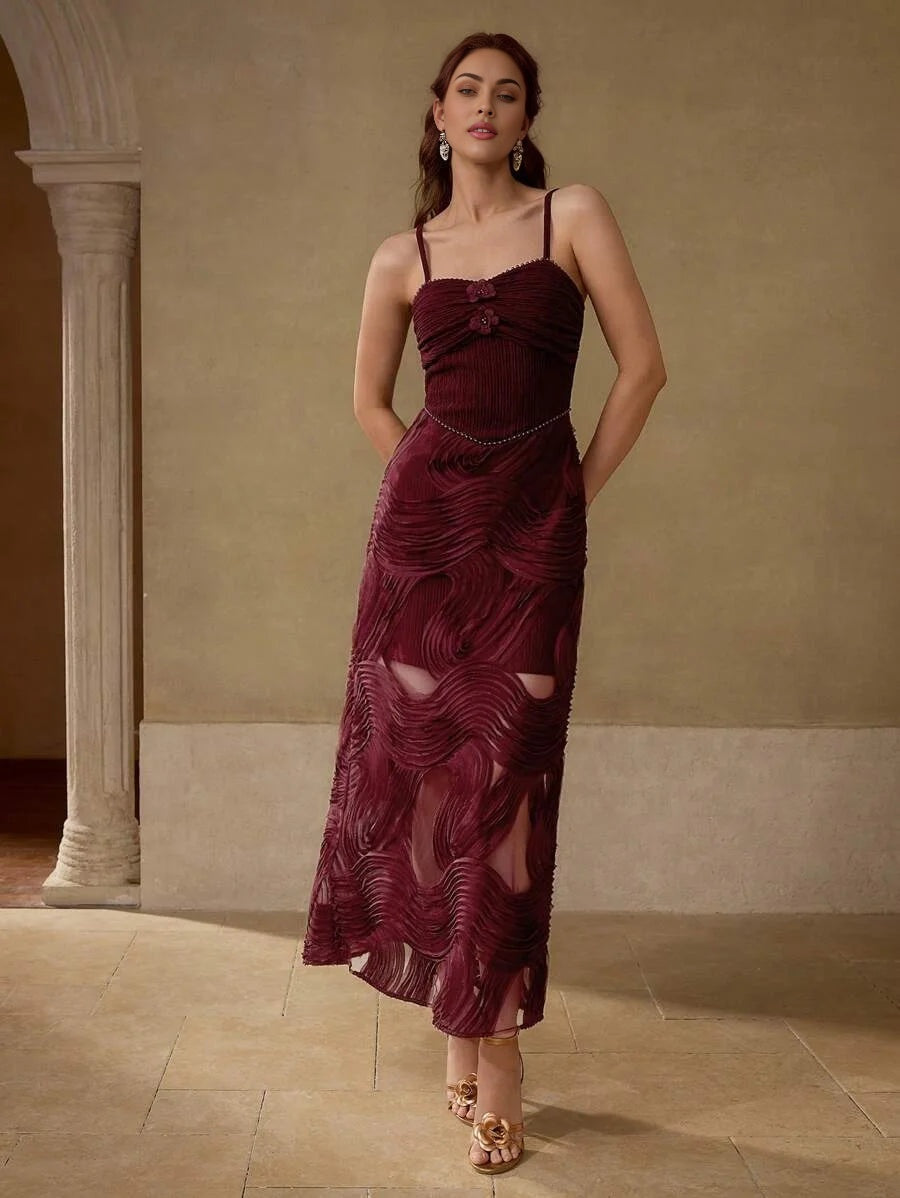 PREMIUM GATHERED CONTRAST MESH CAMI DRESS