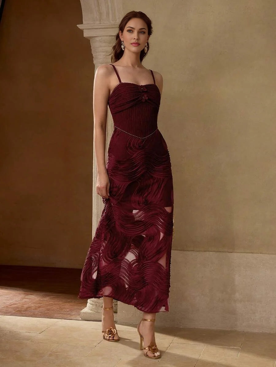 PREMIUM GATHERED CONTRAST MESH CAMI DRESS