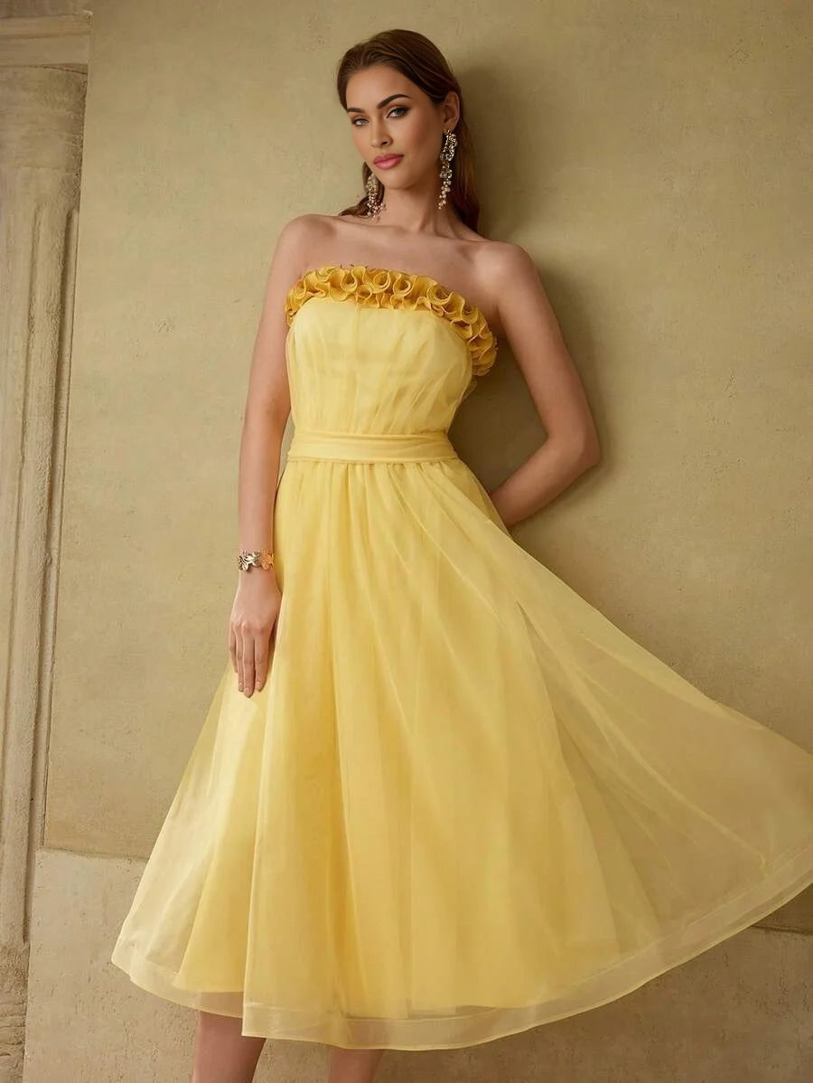 PREMIUM GATHERED FLOWY COCKTAIL DRESS