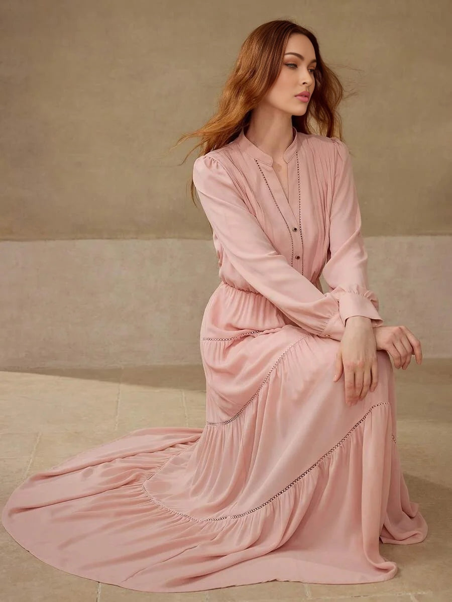 PREMIUM GATHERED NOTCHED V NECK DRESS