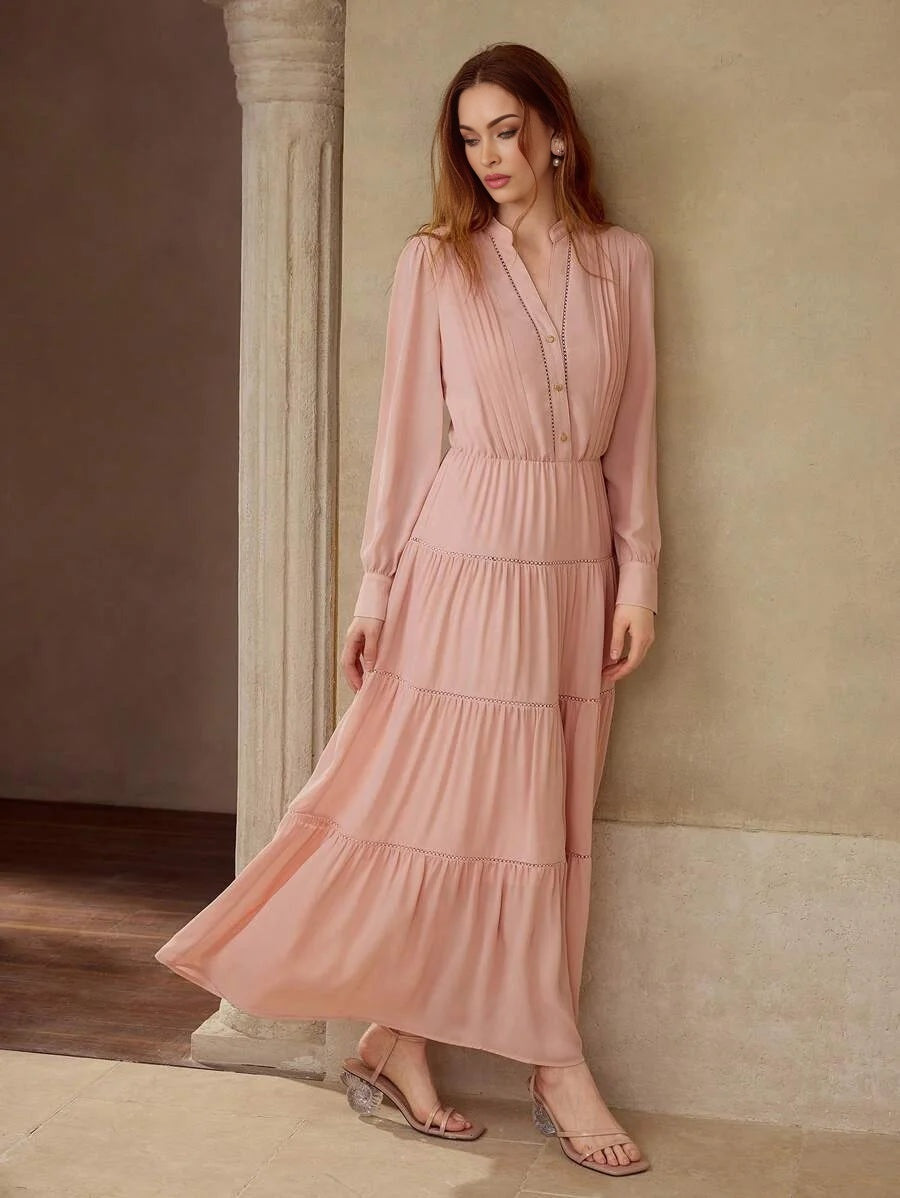 PREMIUM GATHERED NOTCHED V NECK DRESS