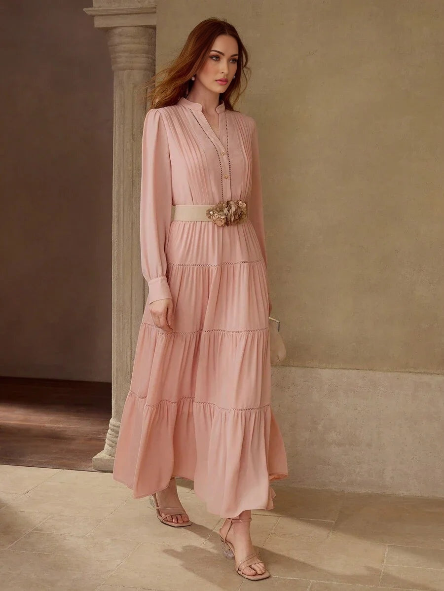 PREMIUM GATHERED NOTCHED V NECK DRESS