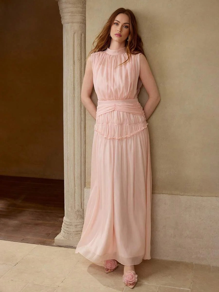 PREMIUM GATHERED ZIPPER SLEEVELESS DRESS