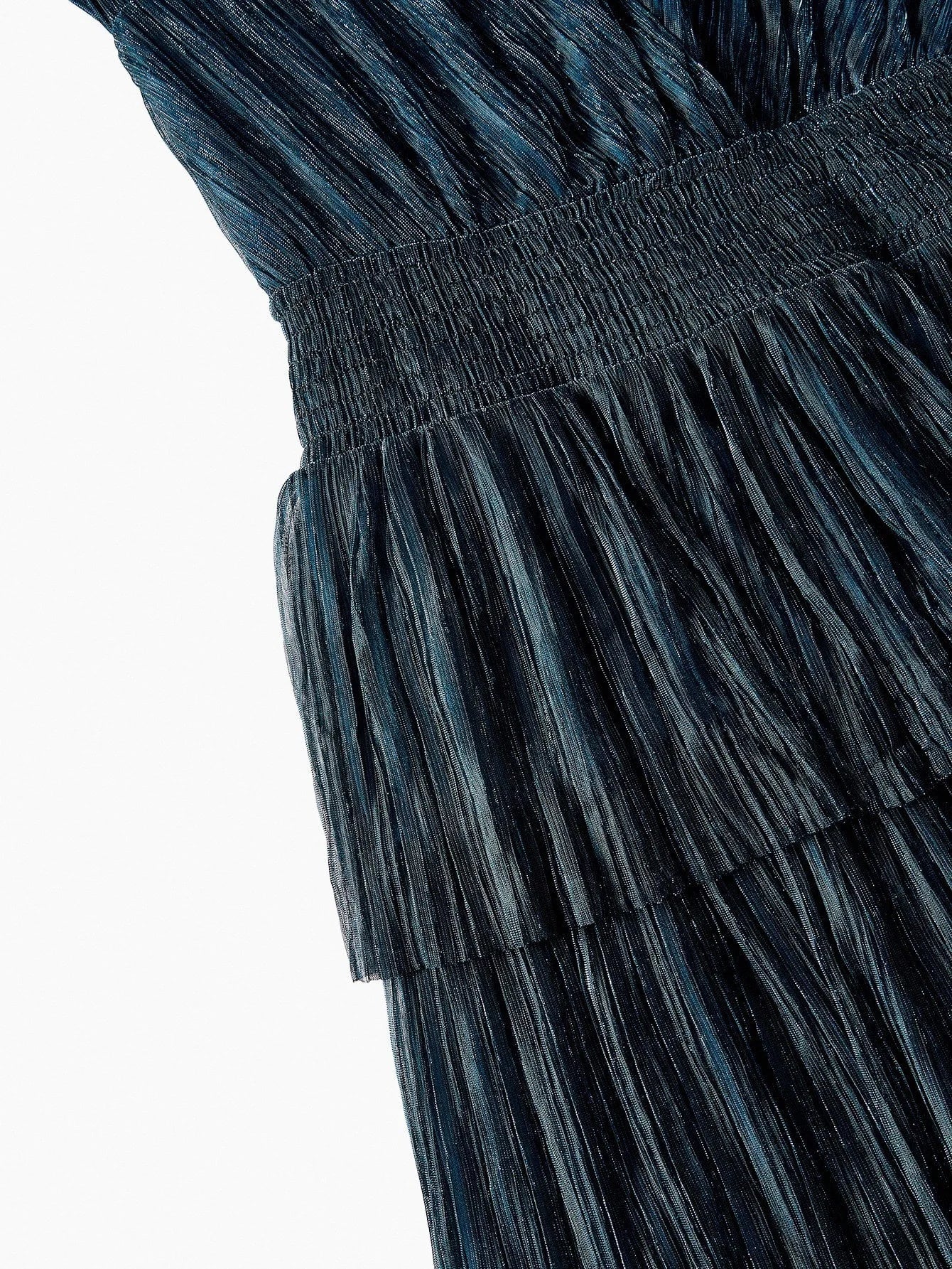 PREMIUM GLITTER SOLID SURPLICE NECK LANTERN SLEEVE SHIRRED WAIST TIERED HEM DRESS