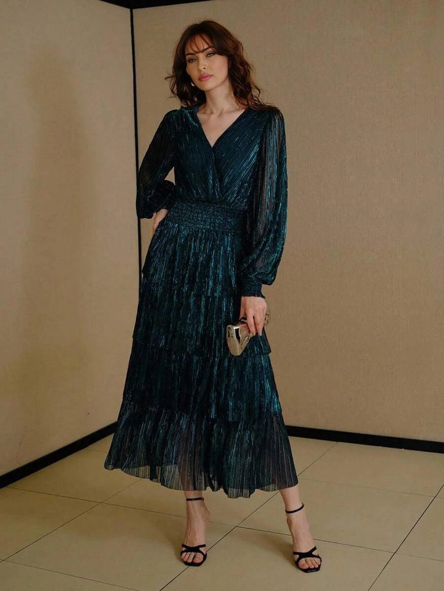 PREMIUM GLITTER SOLID SURPLICE NECK LANTERN SLEEVE SHIRRED WAIST TIERED HEM DRESS