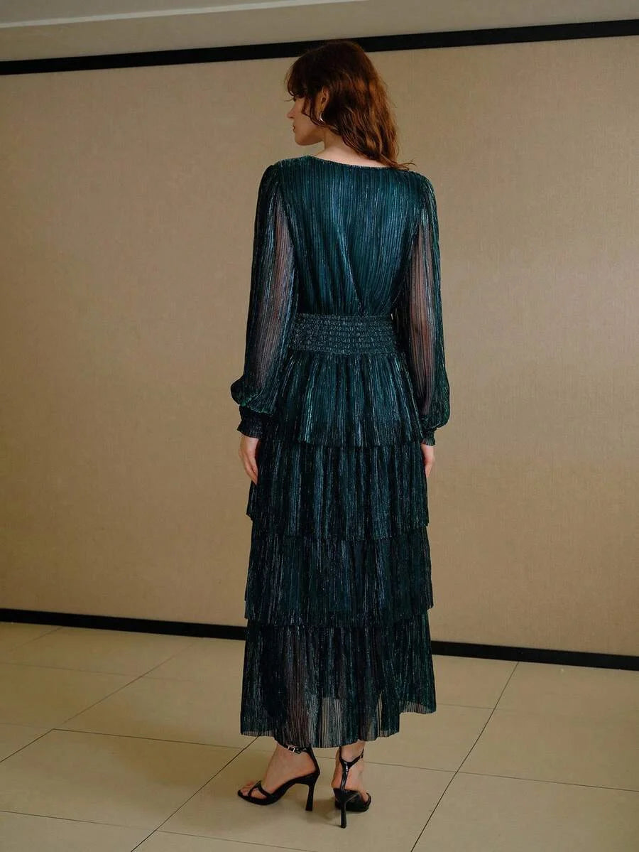 PREMIUM GLITTER SOLID SURPLICE NECK LANTERN SLEEVE SHIRRED WAIST TIERED HEM DRESS