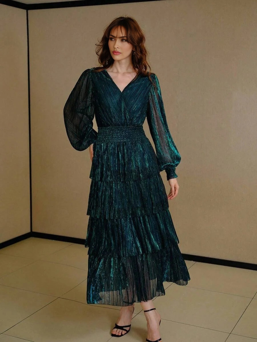 PREMIUM GLITTER SOLID SURPLICE NECK LANTERN SLEEVE SHIRRED WAIST TIERED HEM DRESS