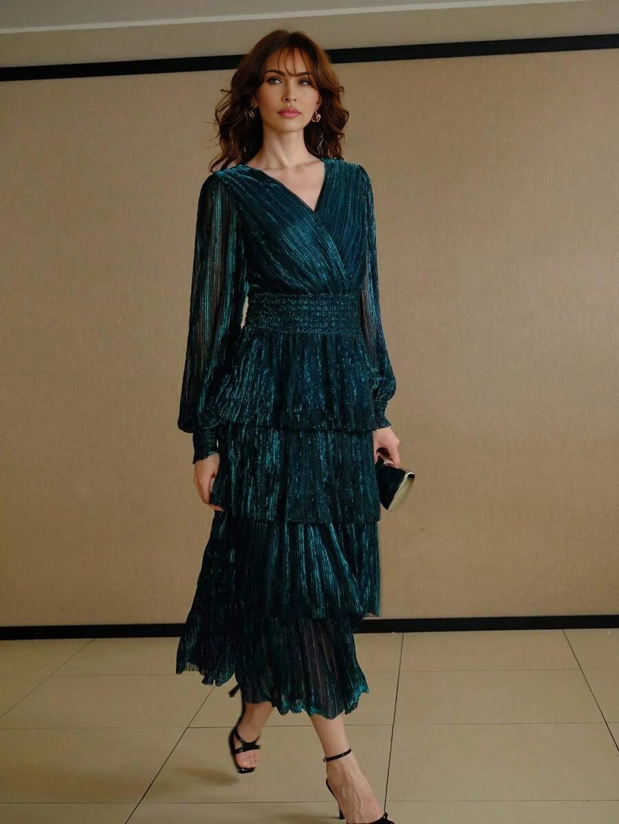 PREMIUM GLITTER SOLID SURPLICE NECK LANTERN SLEEVE SHIRRED WAIST TIERED HEM DRESS