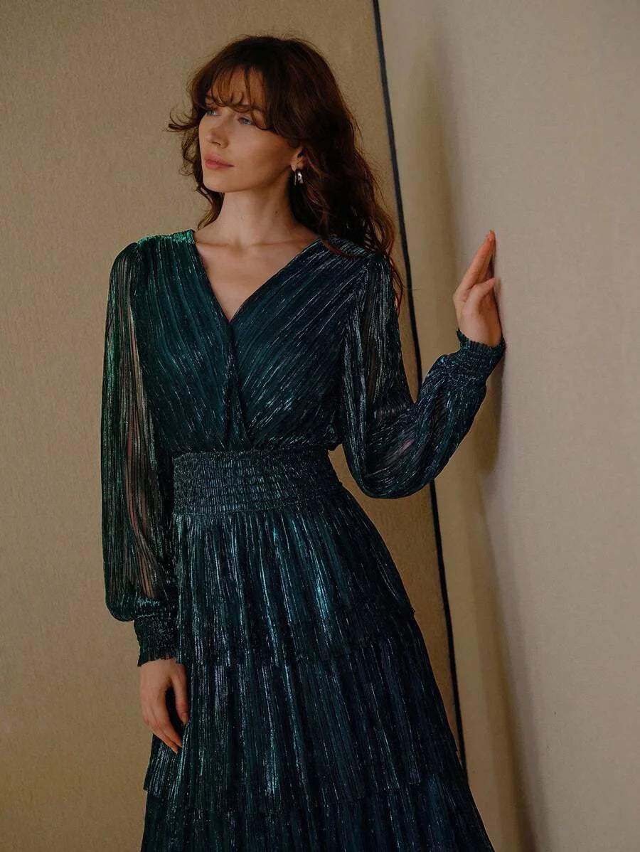 PREMIUM GLITTER SOLID SURPLICE NECK LANTERN SLEEVE SHIRRED WAIST TIERED HEM DRESS