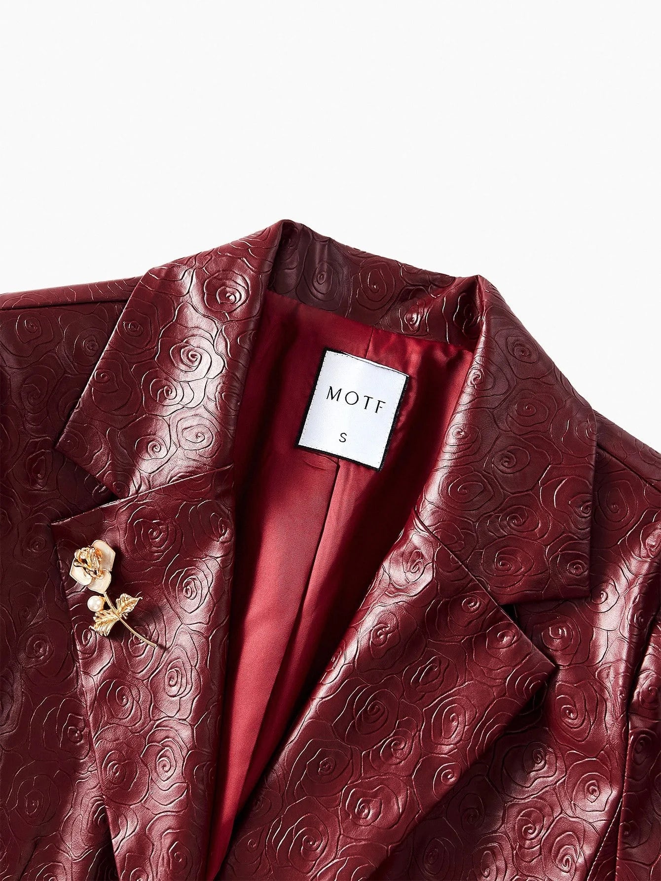 PREMIUM GOLD ROSE BROOCH PU LEATHER BLAZER